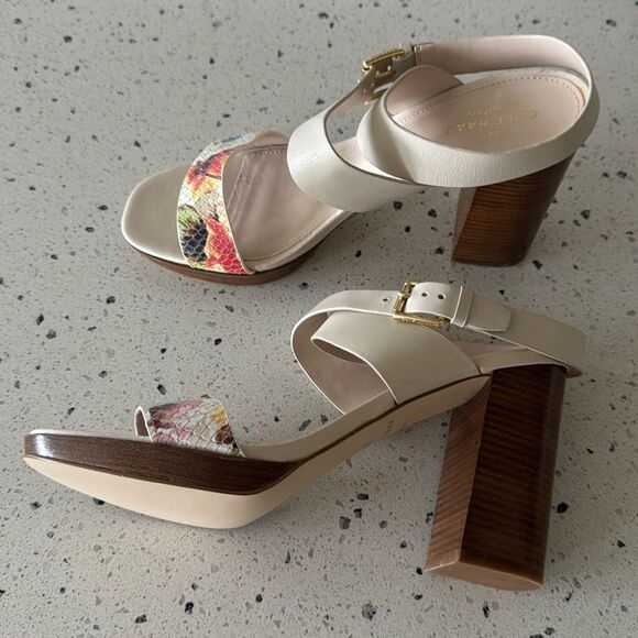 Cole Haan Cream & Floral Sandals Elegant Block Heel Buckle Ankle Strap Size 8B - Picture 1 of 16